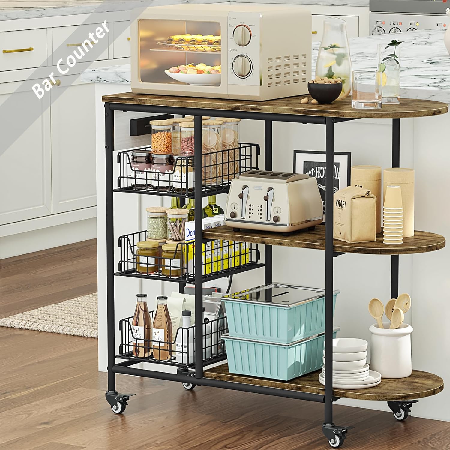 LINZINAR Kitchen Bakers Rack with Power Outlet Coffee Bar Table 3 Tiers Microwave Oven Stand with Wheels Pull-Out Wire Basket Kitchen Storage Shelf Rack for Spices Pots and Pans (Black, 3Tier)