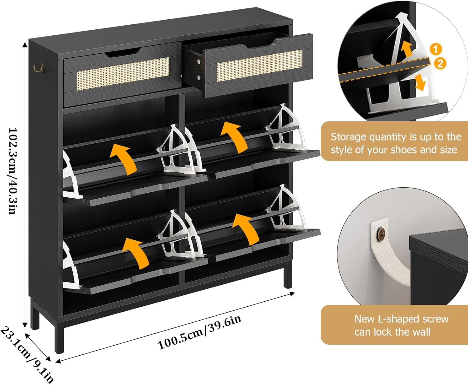 Rattan Shoe Cabinet for Entryway with 4 Flip Drawers & 2 Top Drawers, Freestanding Narrow Shoe Storage Cabinet with Metal Legs for Foyer, Hallway (Black)