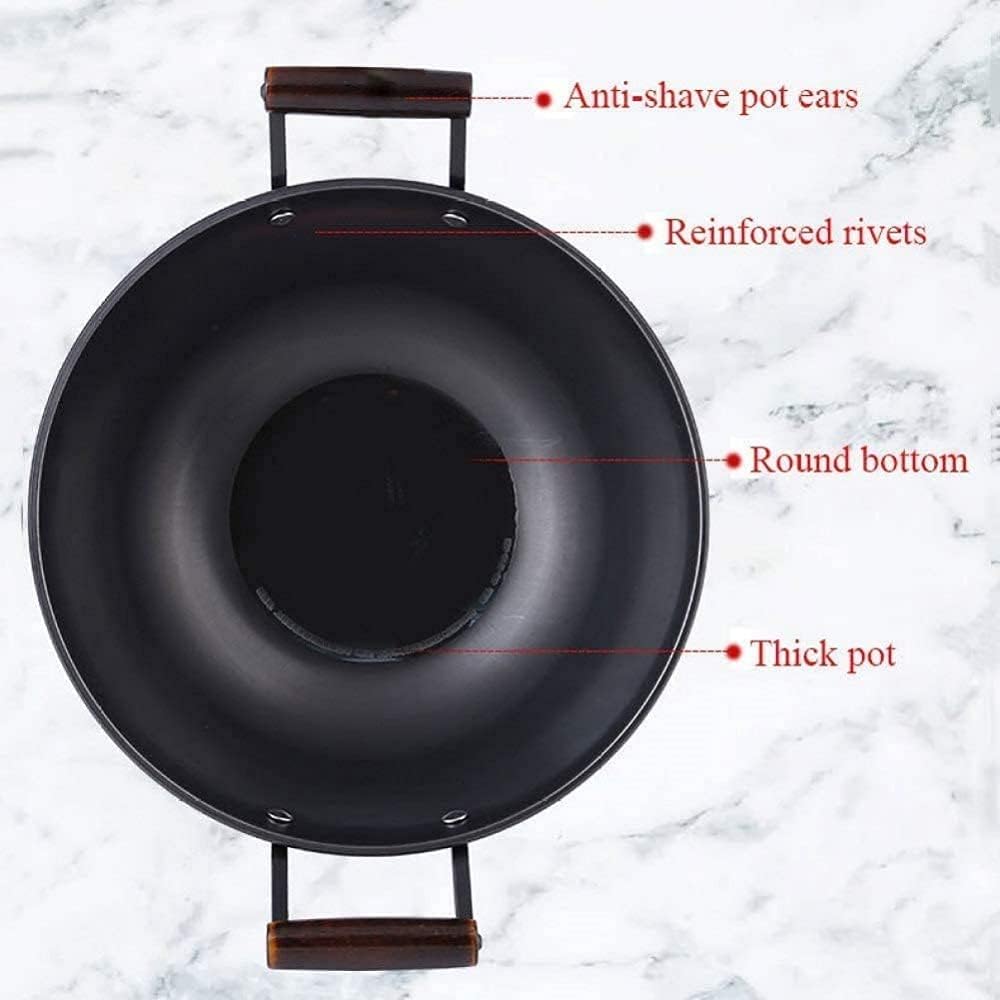 Cast Iron Wok Pan Fine Iron Stew Non-Stick Wok Uncoated Household Large Iron Pan Double Ear Pig Iron Stew Pan, Frying pan Pot(32cm)