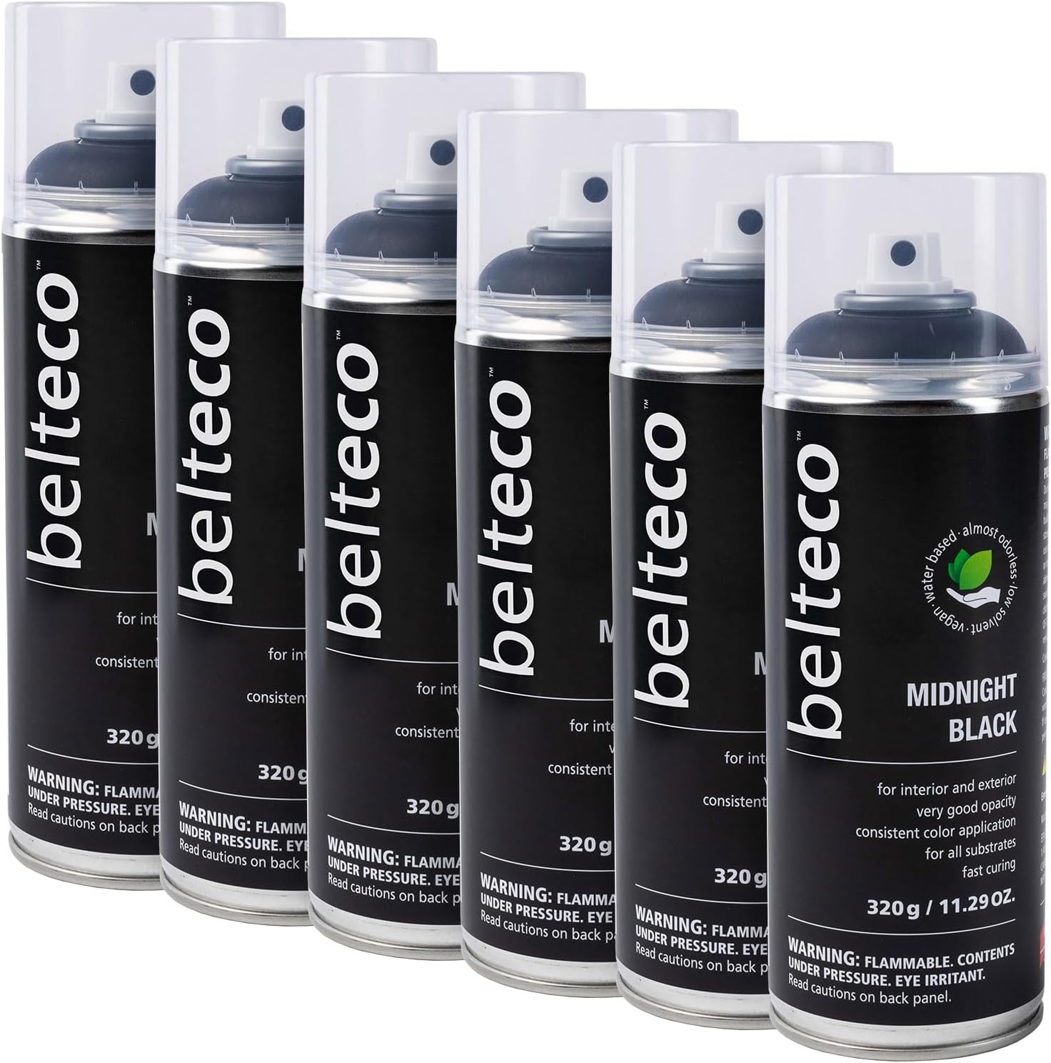 Midnight Black Matte Spray Paint - 6 pack | Water based & Odorless | Eco-Friendly & Vegan | Weather & UV-Resistant | For all Substrates | Fast Drying with High Coverage