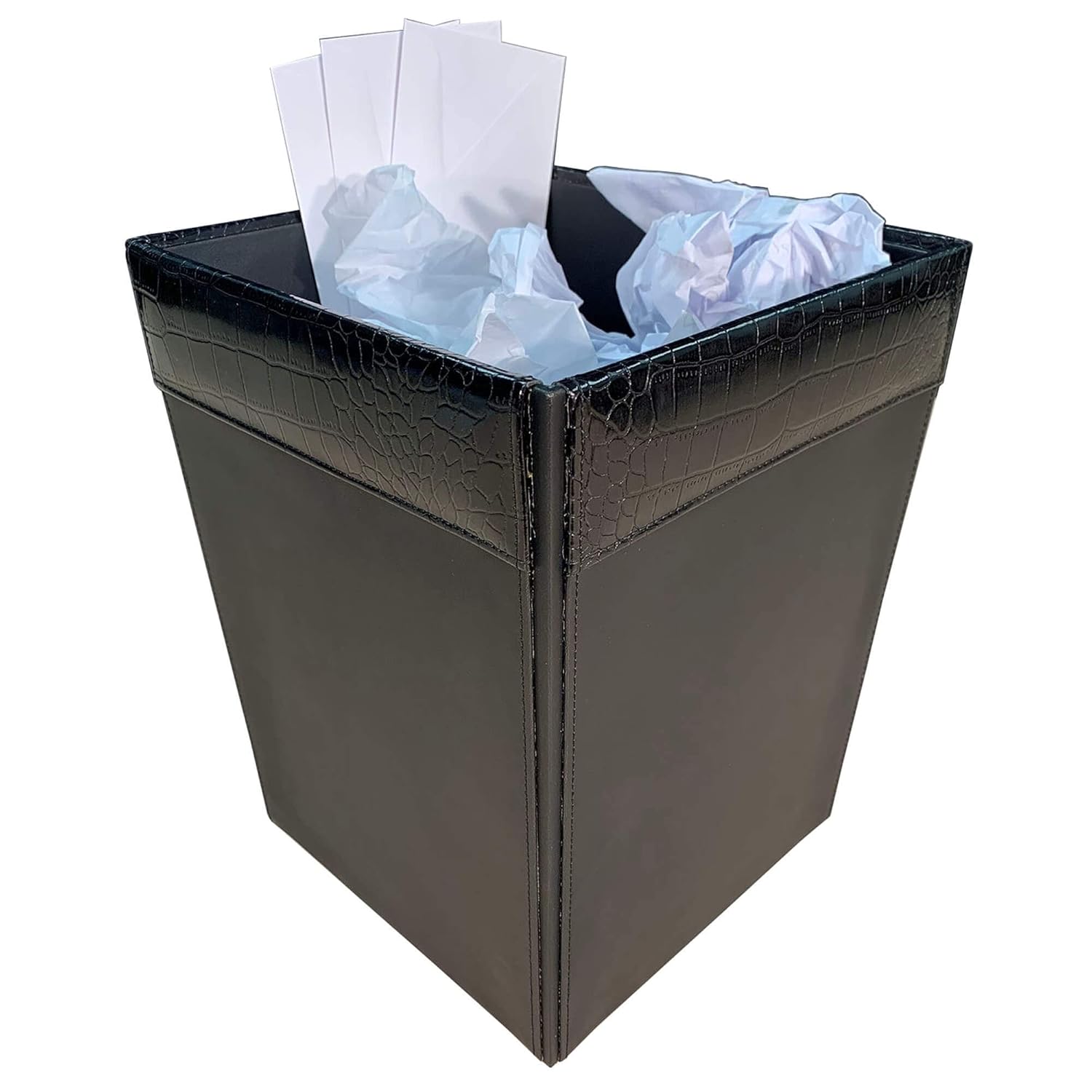 Dacasso Black Crocodile Embossed Leather Waste Basket