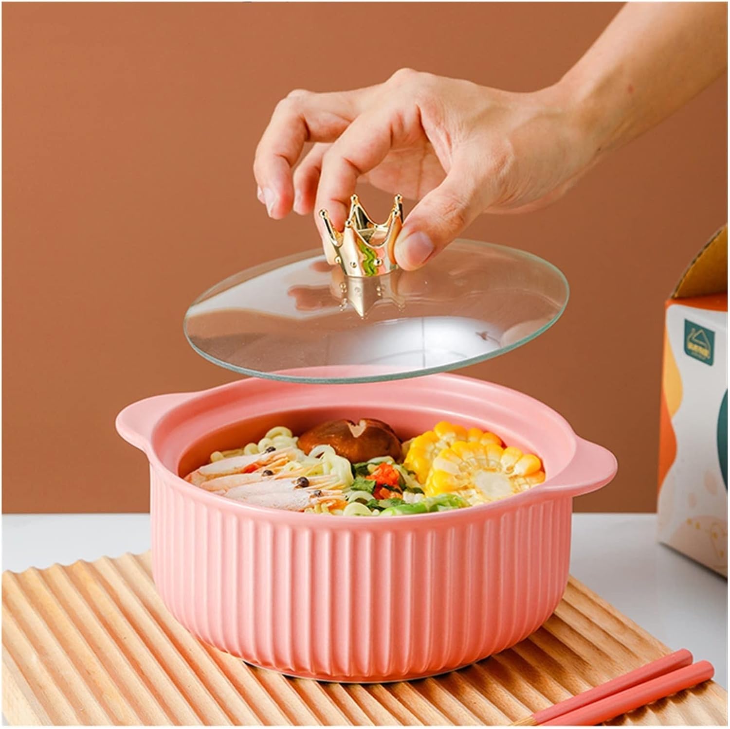 Ceramic Ear Bowl Set with Chopsticks and Glass Cover Lunch Dishes Soup Ramen Dessert Tableware