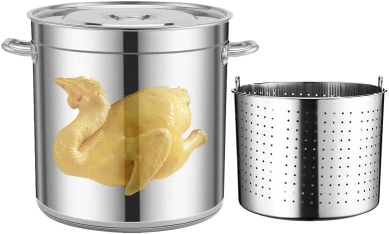 Large Stainless Steel Stock Pot with Lid & Steamer Basket - Ideal for Crawfish, Clams, Tamales, Chili, and Soups(70 Litres)