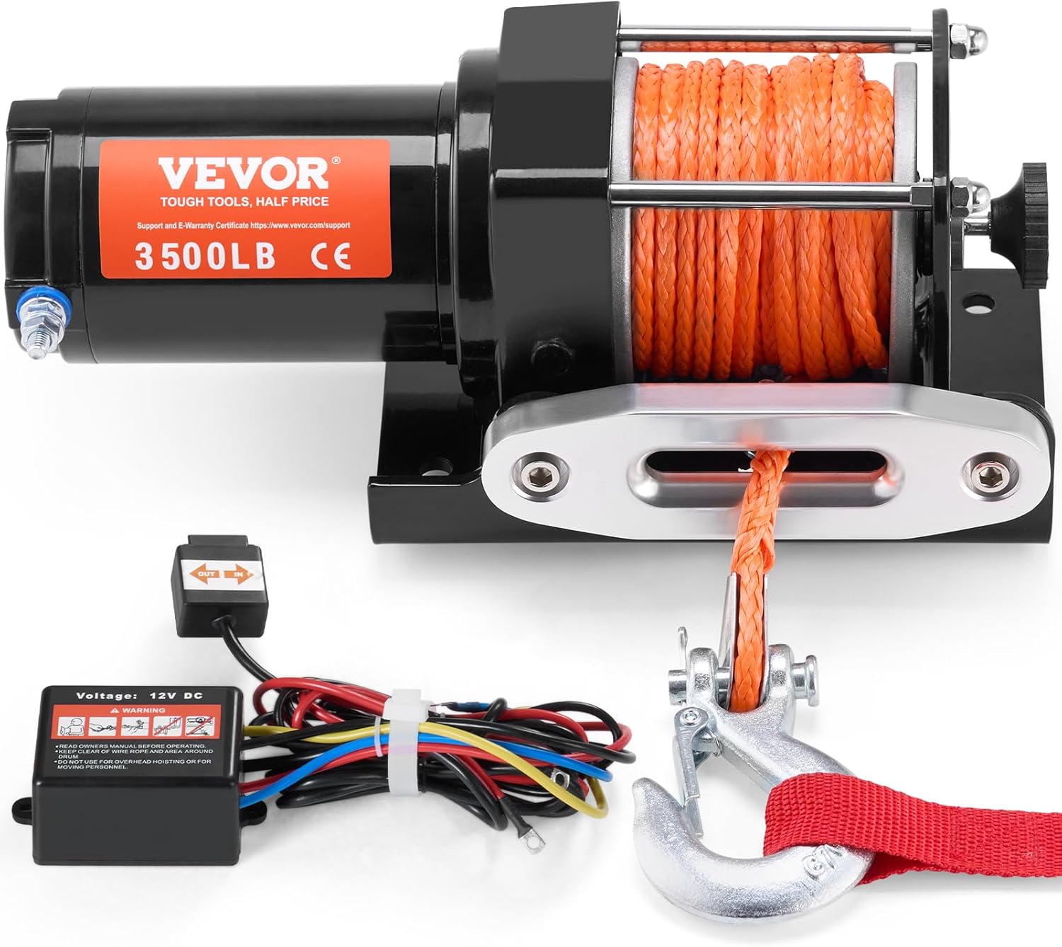VEVOR Electric Winch, 3500 lb Line Pull Capacity, 12V DC ATV Winch with Φ3/16 in x 39 ft 12 Strands Synthetic Rope & Aluminum Fairlead Wired Remote Control, IP55 Waterproof for Towing ATV Boat
