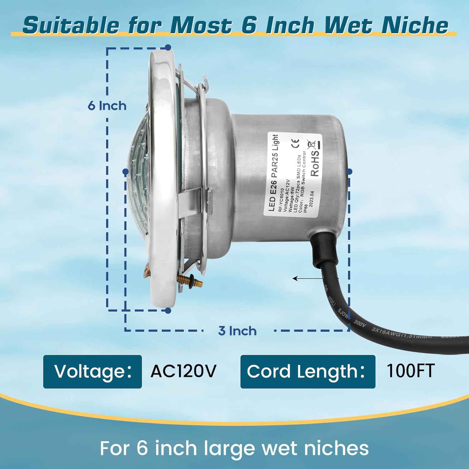 CAtArt 6 Inch Spa Light for Inground Pool Led, 100FT AC120V 6000K Cool White Pool Lights,Compatible with Pentair and Hayward Wet Niches, IP68 Waterproof