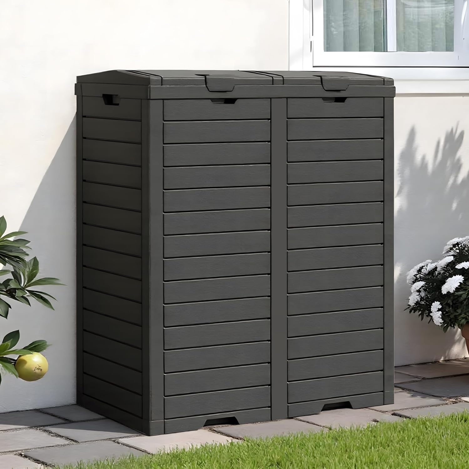 76 Gallon Outdoor Trash Can Waterproof Resin Garbage Can with Tiered Lid & Drip Tray Indoor and Outdoor Use Trash Bin for Patio Kitchen, Backyard & Deck, Black