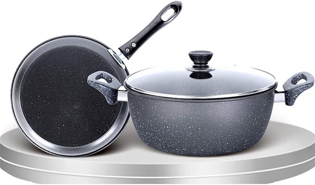 Light Grey Cookware Set Soup Pot Set Frying Pan Milk Pot Cooking Pot Pan Non-Stick Pan Set Frying Pan(E)
