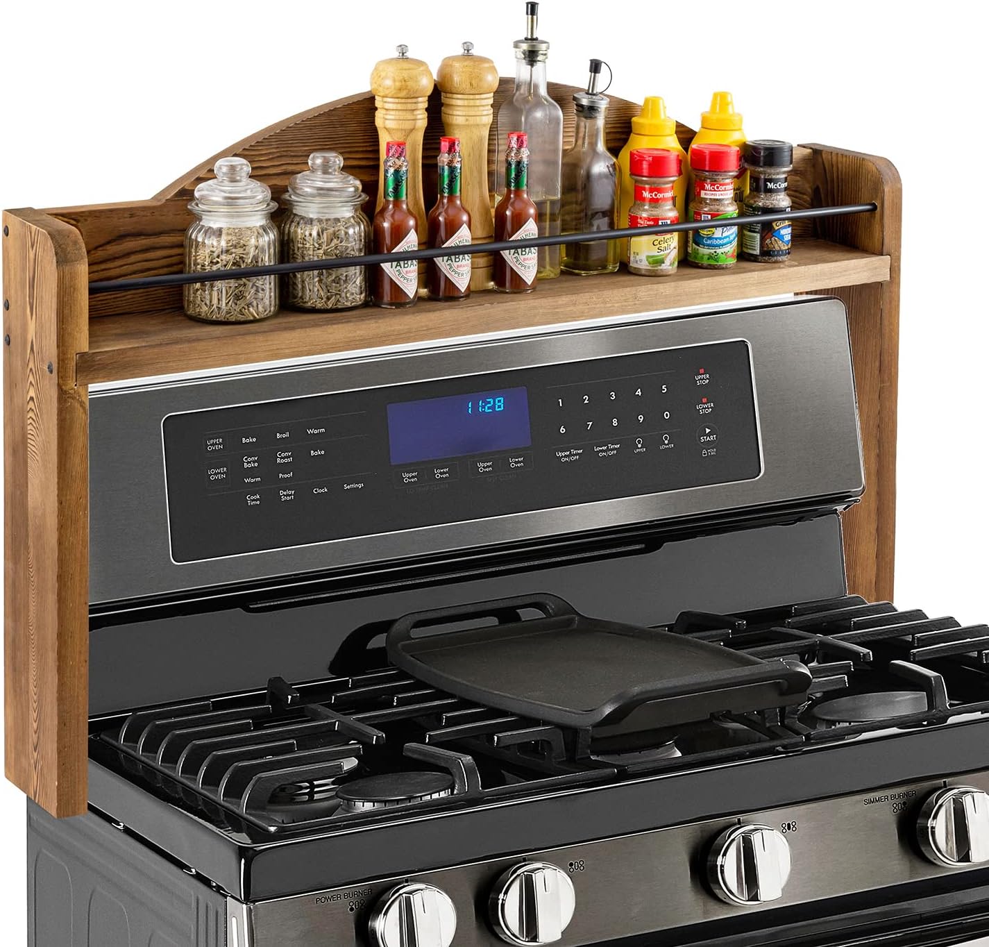MyGift 33 Inch Deluxe Rustic Burnt Solid Wood and Black Metal Wire Bar Stove Top Spice Rack, Space Saving Over The Oven Range Stovetop Storage Display Shelf
