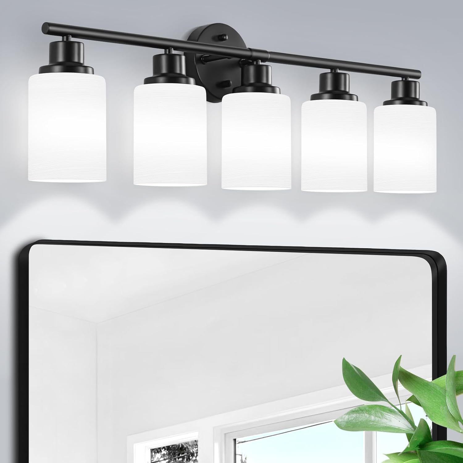5-Light Brushed Nickel Vanity Lights, Bathroom Light Fixtures with Textured Milky White Glass Shade, Modern Bathroom Lighting Fixtures Over Mirror Wall Sconce Light - E26 Base