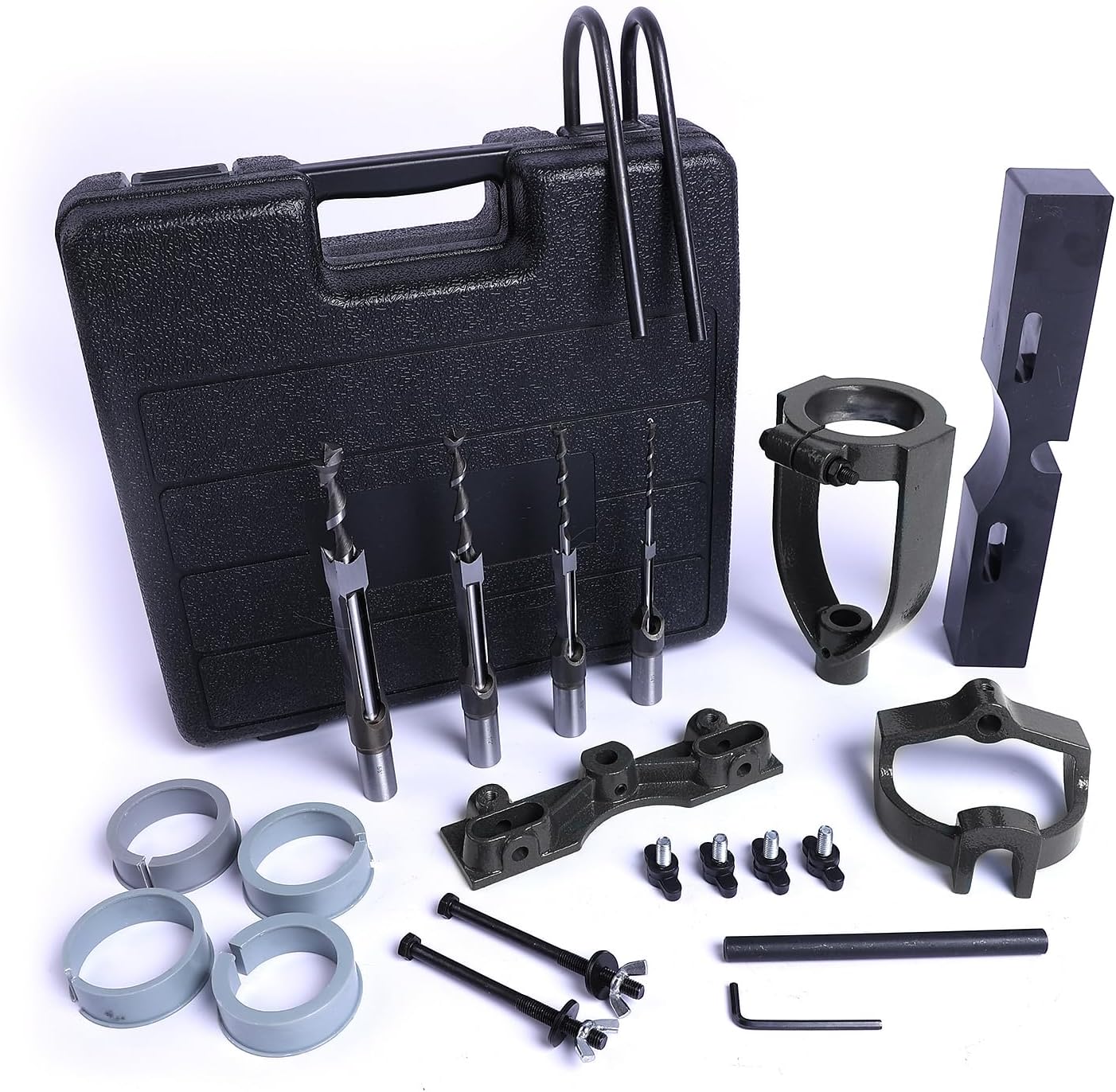 Mortising Attachment for Drill Press, Mortise and Tenon Tools, 4 Model Drills Square Hole Chisel Set, Drill Press Mortising Attachment Kit, Woodworking Mortise Bench Drill Locator Set