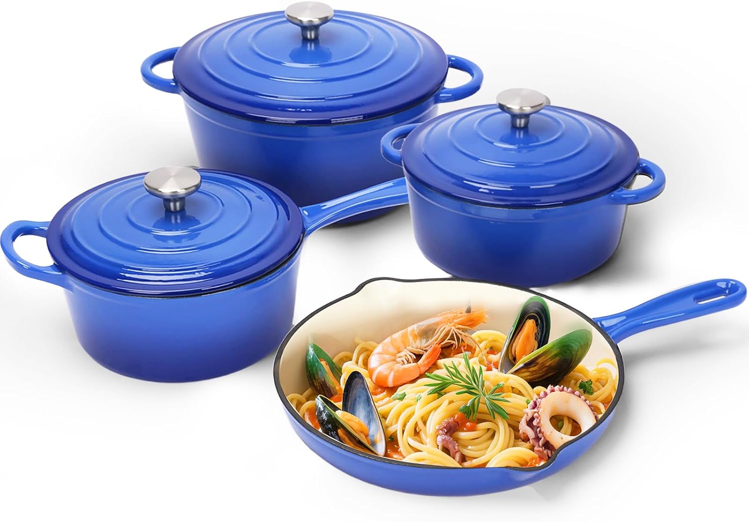 Ceramic Coated Cast Iron Cookware Set, 7-Piece Enameled Dutch Oven and Skillet Set with Lids, Nonstick Pots and Pans Set for Bread Baking, Oven Safe, Induction Compatible, PFAS-Free (Cream White)