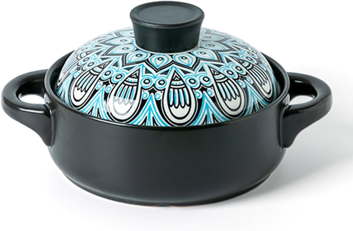 Large Ceramic Casserole Dish with Lid and Dual Handles - Round Emboss Stewpot for Gas Stove, Oven, Microwave - Vintage Style Uniform Heating Clay Pot (1.5L/1.58Quart, B)