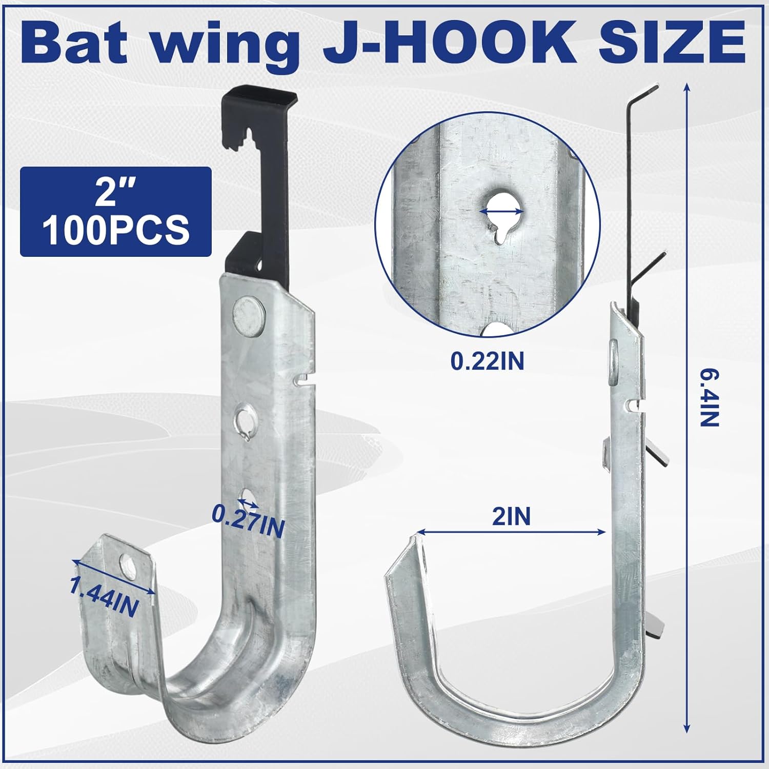 Zonon 100 pcs Metal J Hooks Cable Support J Hook Hangers with Bat Wing Heavy Duty G60 Galvanized Steel Cable for Hanging Attaching Ceiling Wire Threaded Rod, UL Certification(2 Inch)