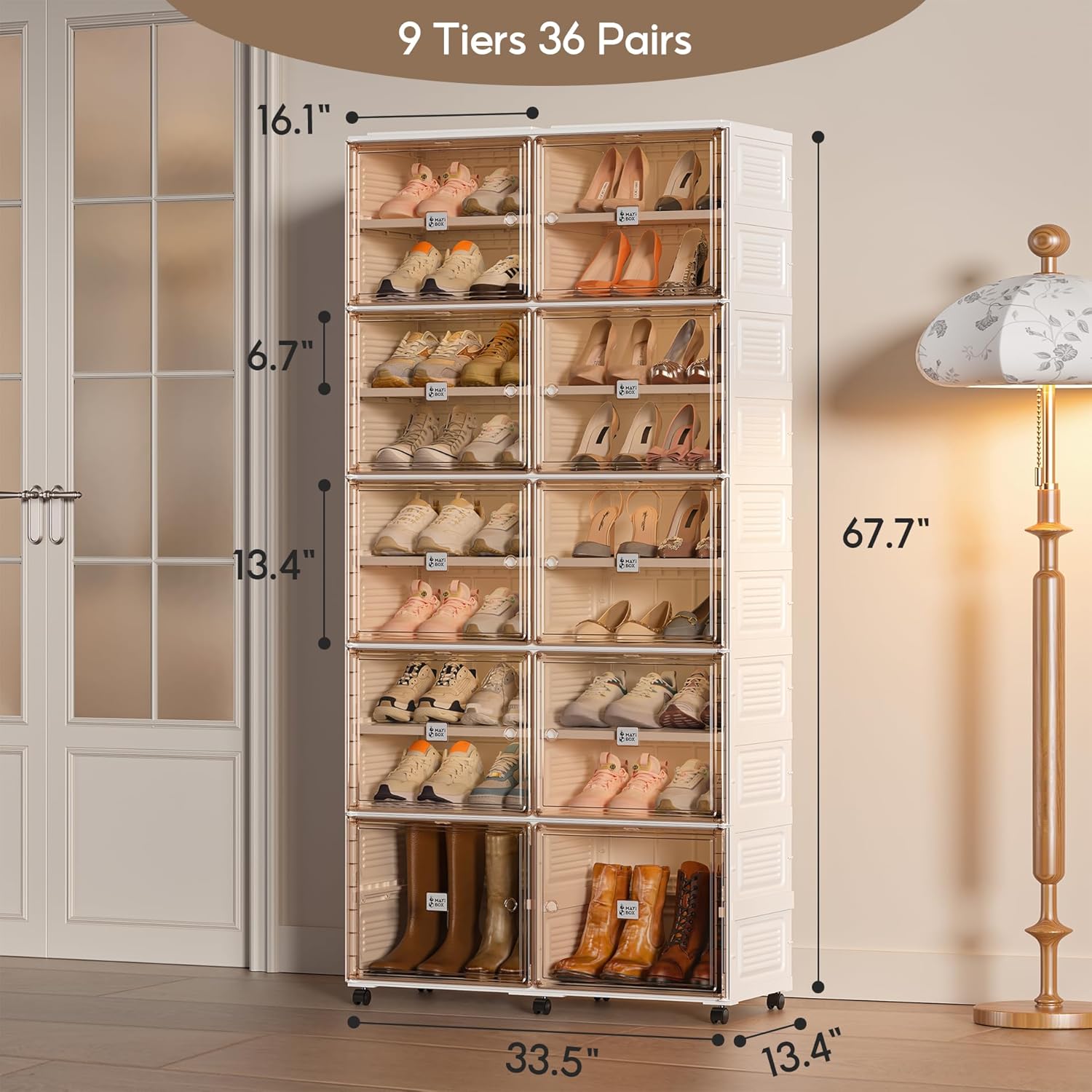 Portable Shoe Storage Cabinet for Closet Entryway with Wheels,Foldable Shoe Rack Organizer with Magnetic Clear Door, Large Sneaker Cabinet Bins Sturdy Easy Assembly 9 Tiers 36 Pairs