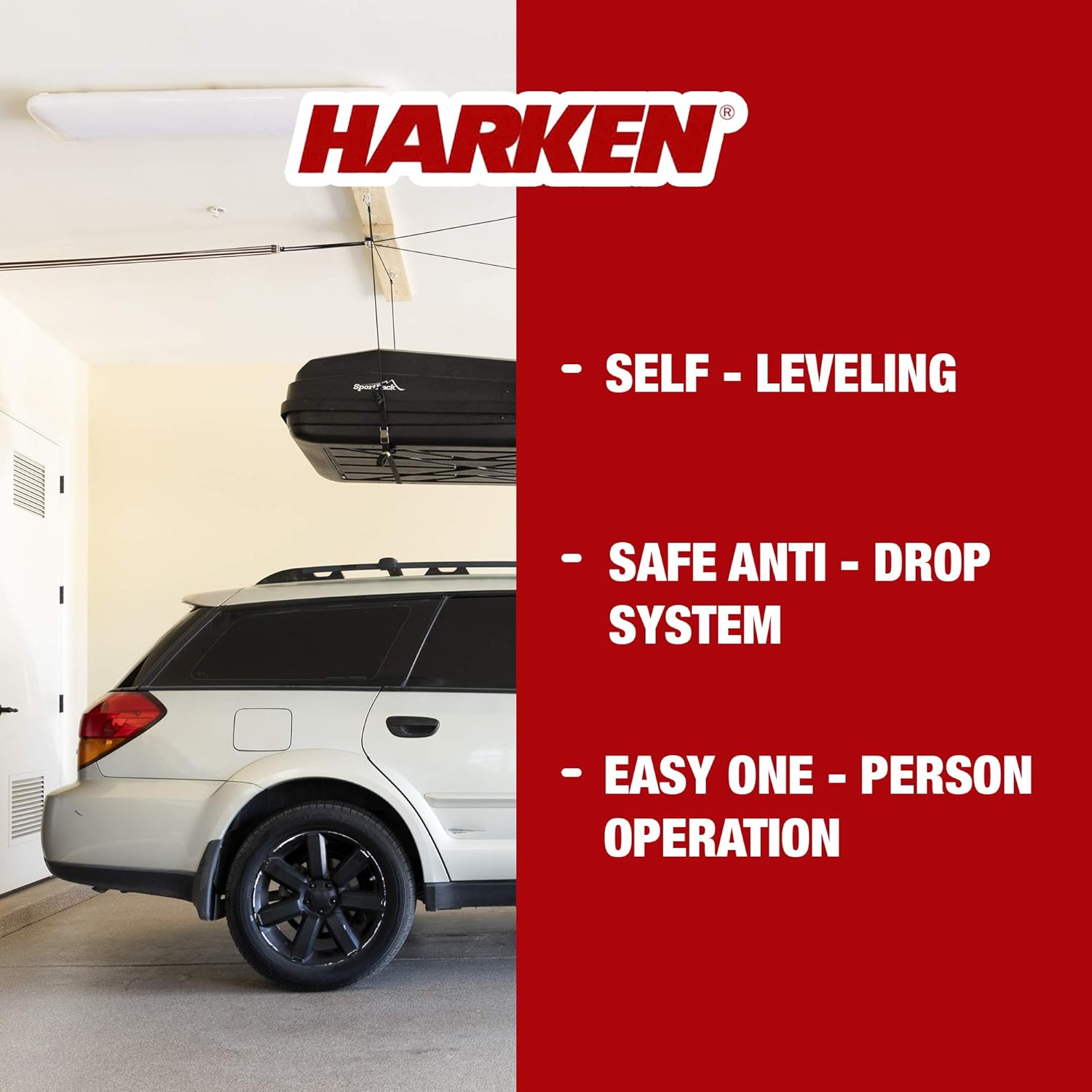 HARKEN Hoister Heavy Cargo Carrier Overhead Garage Storage 4-Point Hoist System for 145lb Carriers, Boxes, Kayaks, Canoes (145lb max load,10ft.Ceiling), Model 7803