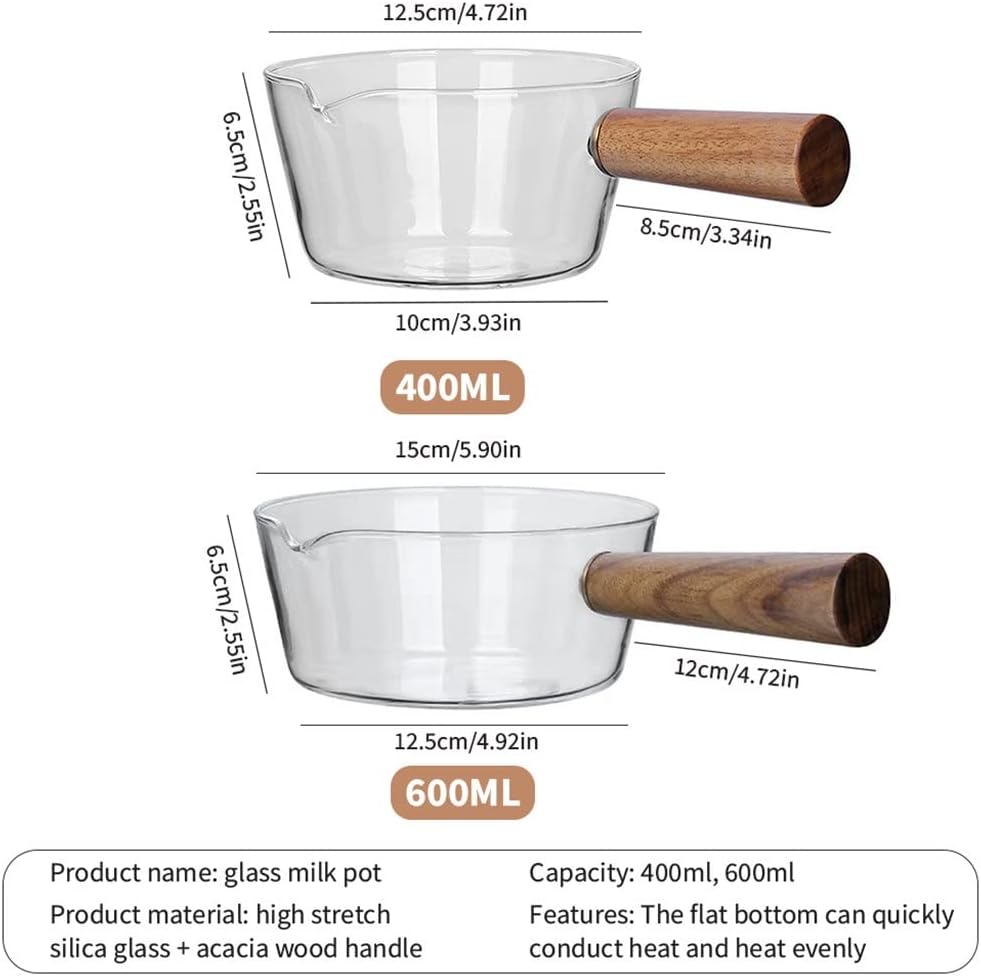 400/600ml Glass Cooking Pot Milk with Wooden Handle Instant Noodle Soup Porridge Cookware