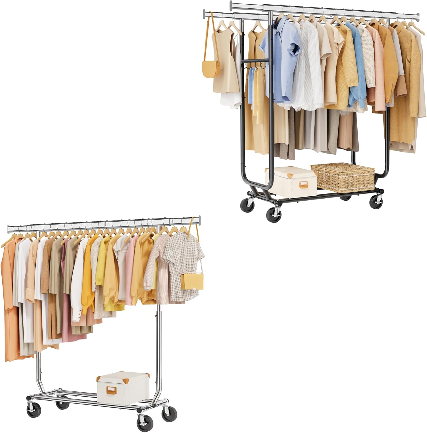 Tajsoon Heavy Duty Double Clothes Rack Plus Collapsible Clothing Rack