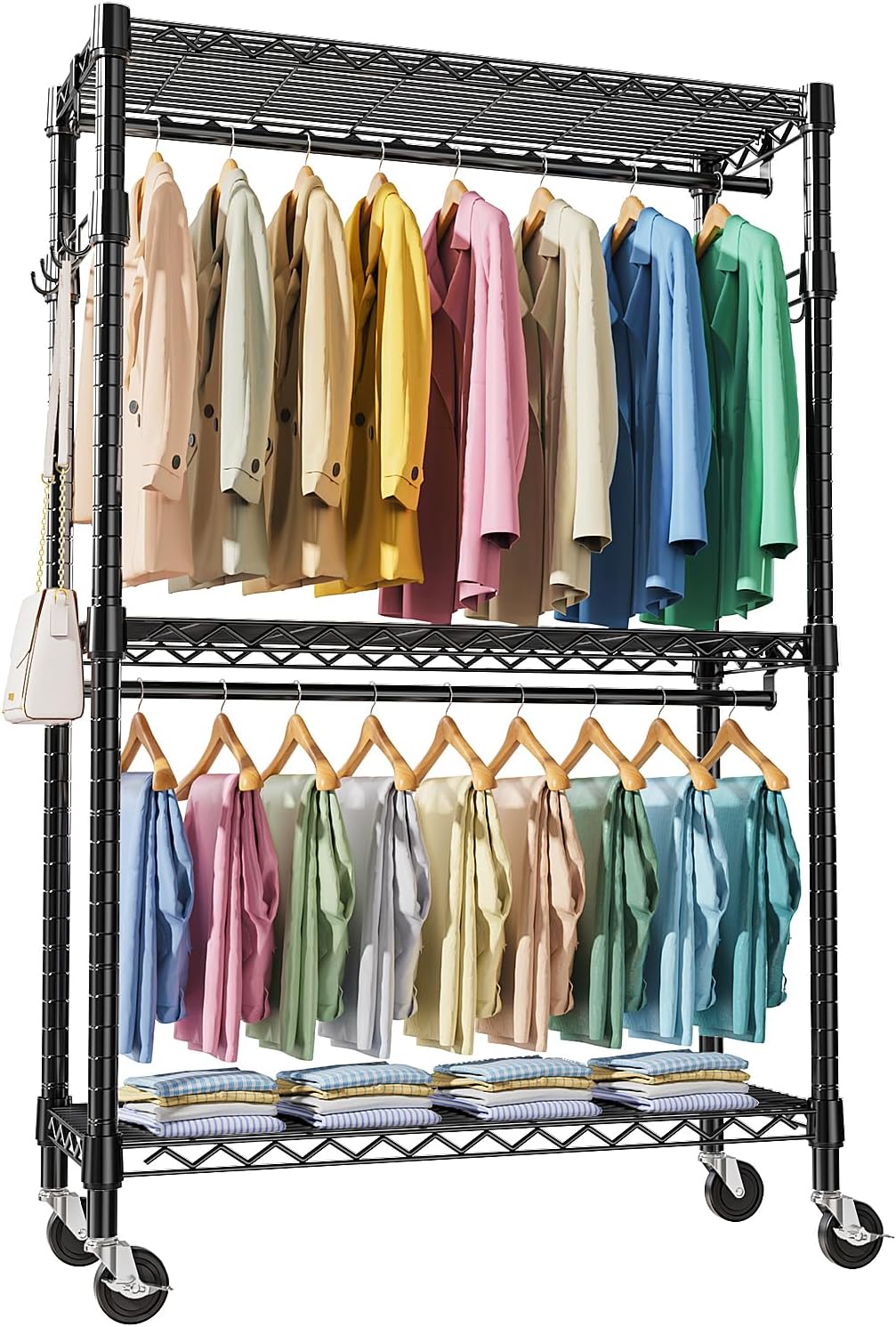 Heavy Duty Rolling Garment Rack 3 Tiers Adjustable Wire Shelving Clothes Rack with Rods and Side Hooks,Storage Closet Clothing Rack with Wheels White 15.7