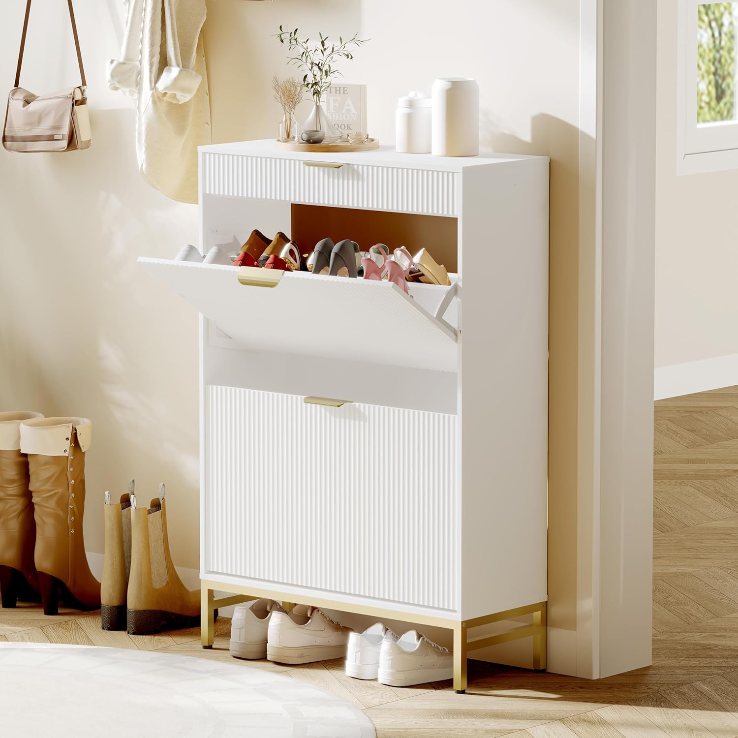 Modern Fluted Shoe Storage Cabinet with 3 Flip Drawers & 2 Drawers, Slim Wooden Shoe Organizer, Space Saving Entryway Cabinet for Hallway, Foyer, Apartment, Black