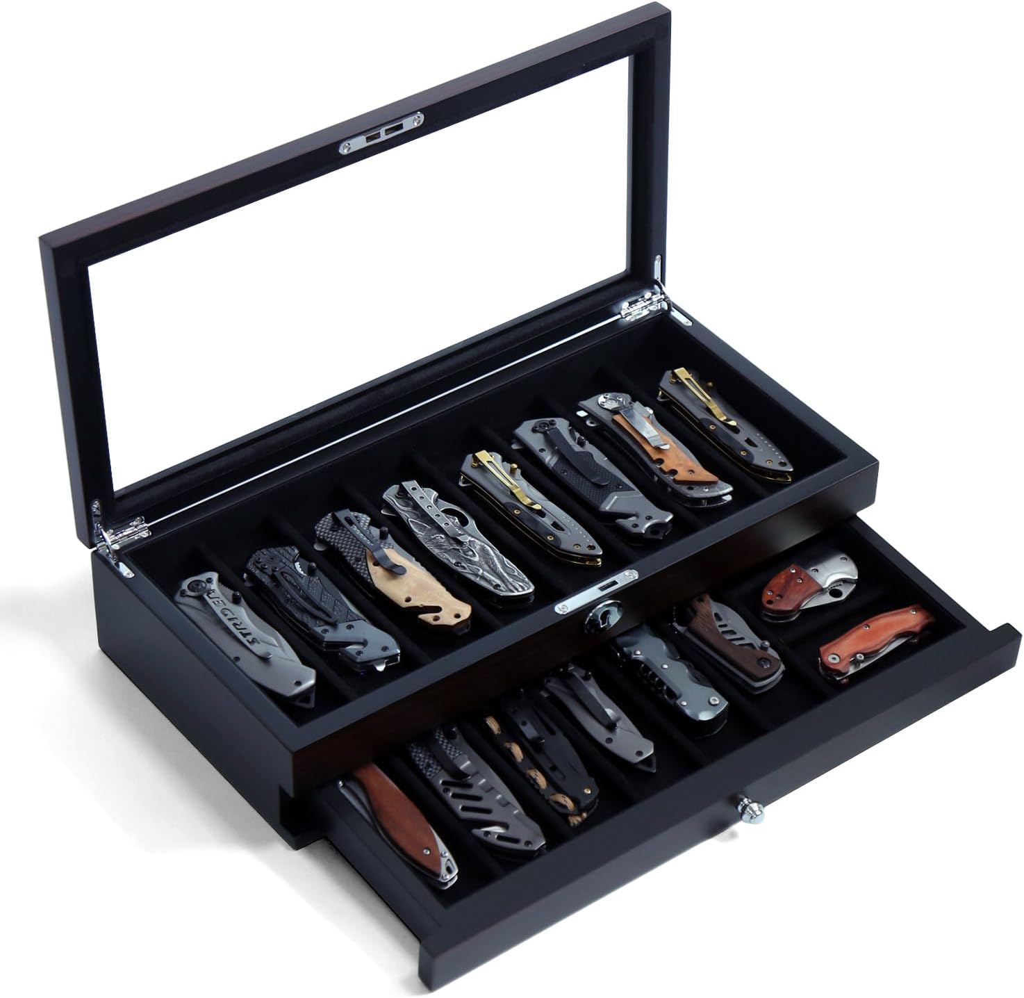 Knife Display Case, 22-26 Slot Storage Box, Ebony Veneer, 3-Tier, Lockable, Showcase & Organizer for Pocket Knives, Men Gift, 15.9x7.8x4.5 inches