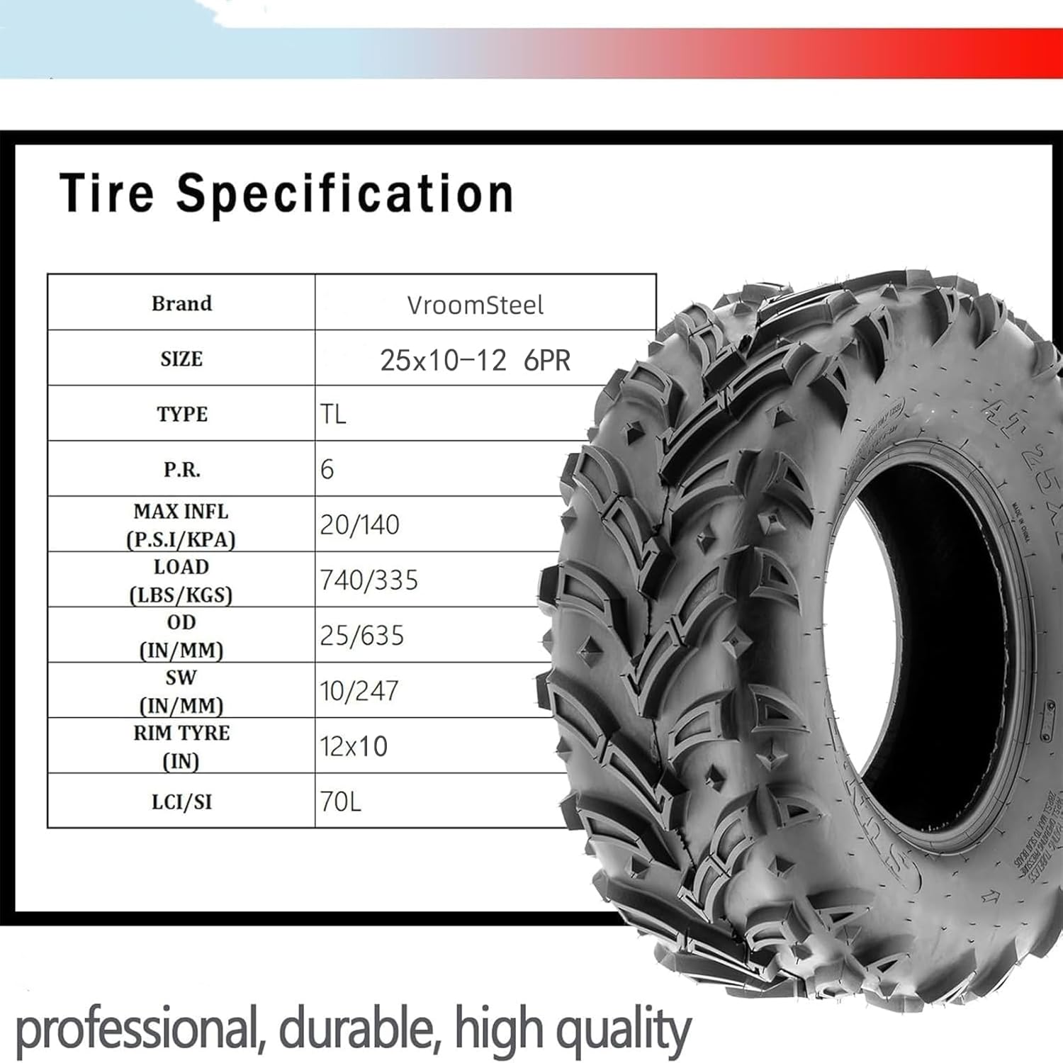 AT25x10-12 All-Terrain Tires Set of 2 ATV Tire 25x10-12 6PR, All Terrain 25x10-12 TL ATV UTV Trail Sand Mud Off-Road Tires (Pack of 2, Tubeless)