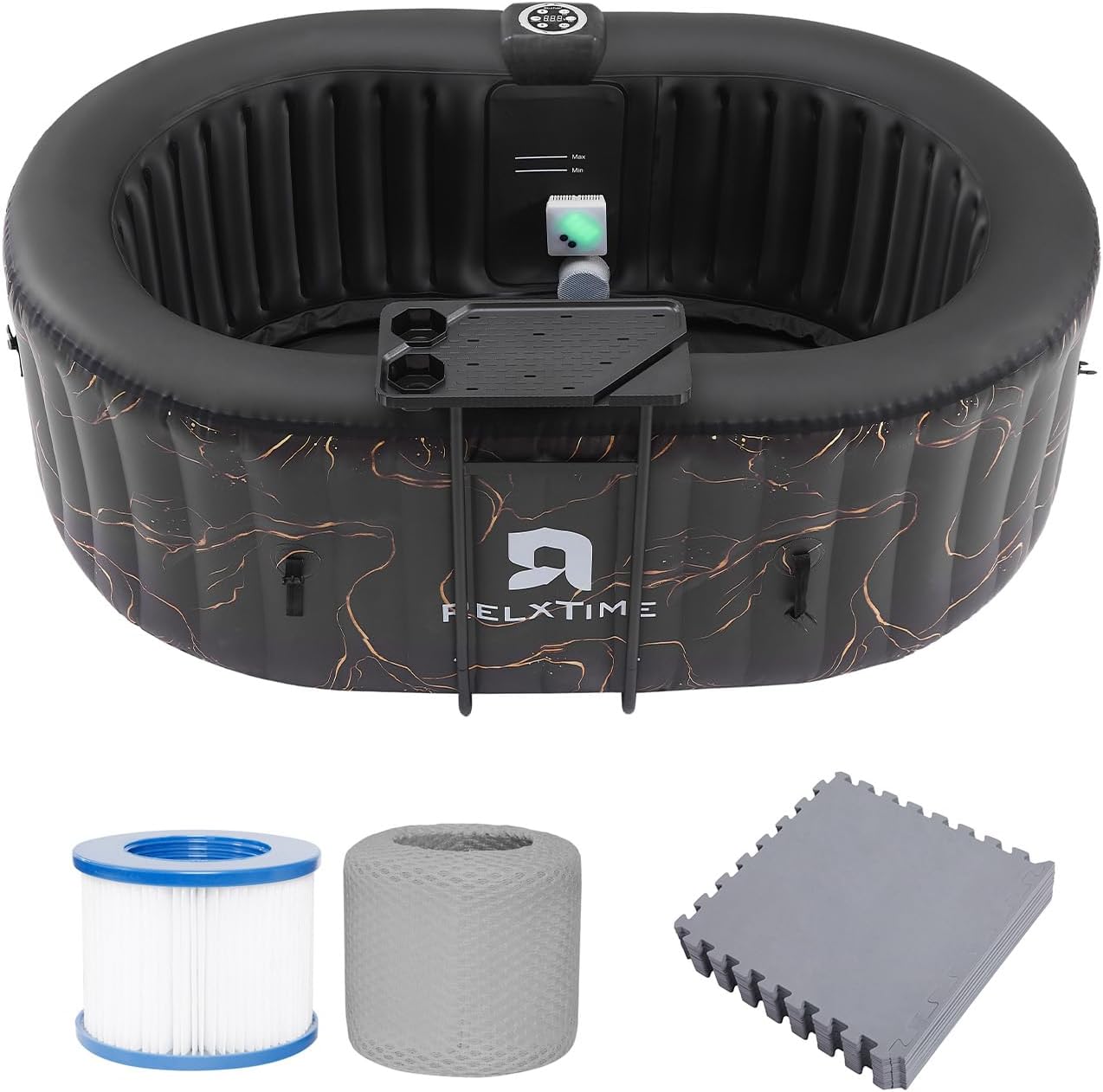 Portable 2 Person Hot Tub Inflatable, Outdoor Blow Up Hottub with Led Light, Energy Efficient Cover, 100 Air Jets Built in Heater Pump, Oval Spa for Relaxation, Table Tray, 2 Filters, Black