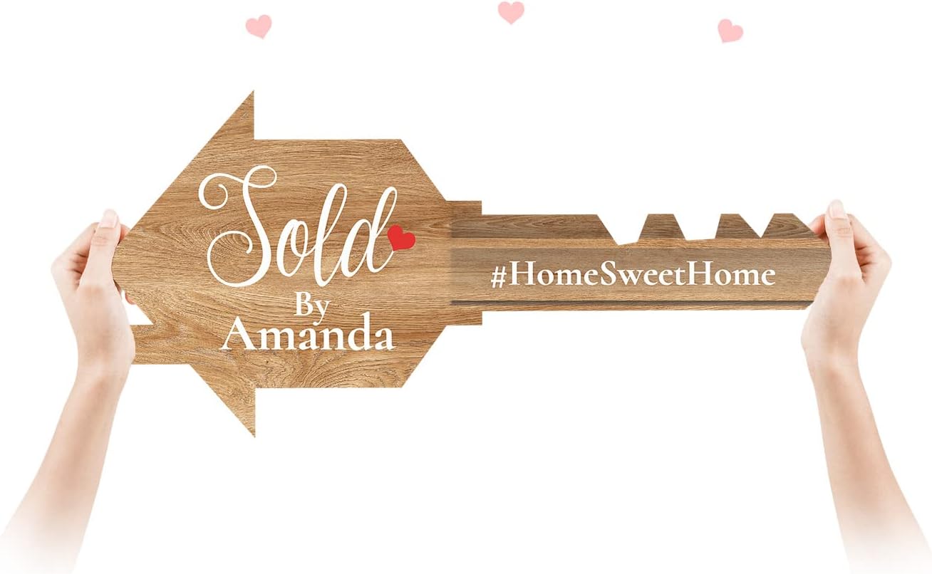 Giant Key Sold Sign For Realtors - Customized Real Estate Sold Key - Personalized Sold Sign For Marketing - Gold Realtor Sold Key Sign - Real Estate Closing Prop House Key - Bright Wood Size S