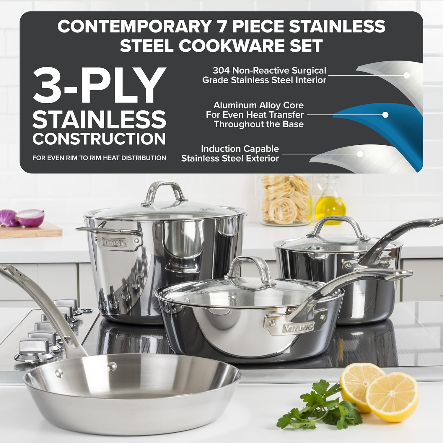 Viking Contemporary 3-Ply Pots and Pans Set, 7 Piece Stainless Steel Kitchen Cookware, Silver