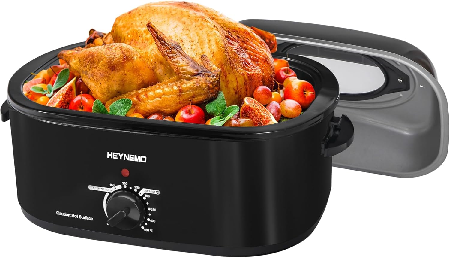 HEYNEMO Electric Roaster, Roaster Oven 26 Quart with Self-Basting Lid, Turkey Roaster Oven with Removable Pan and Rack, Adjustable Temperature Control Powerful 1450W Stainless Steel, Black