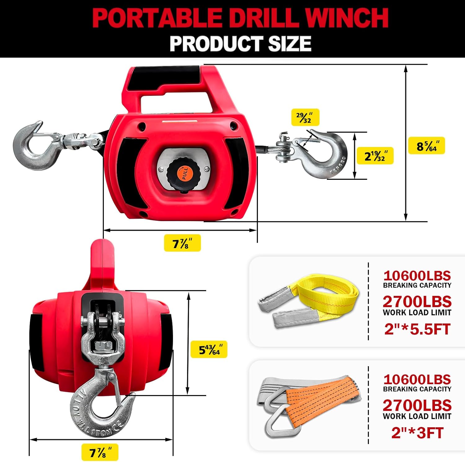 Portable Drill Winch 1000LBS, Drill Powered Winch with Lift Sling Strap and D Rings Tie Down Strap, Drill Winch with Alloy Steel Wire Rope 40FT for Dragging, Handling, Trailer (Red)