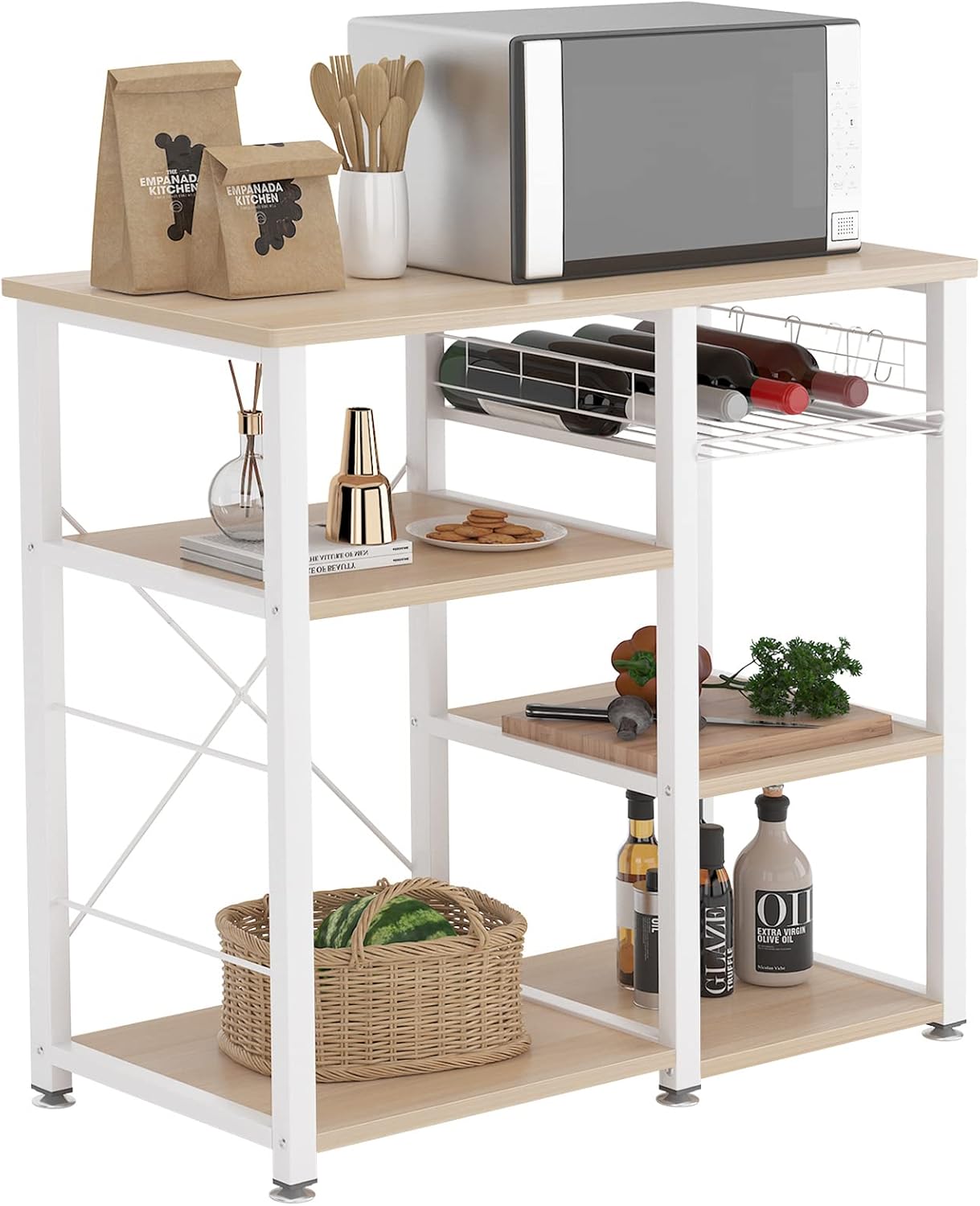 soges Microwave Cart Stand, Multi-Functional Kitchen Baker's Rack Utility, Kitchen Storage Cart Workstation Shelf for Baker, Rack, Spice Rack Organizer, White Maple