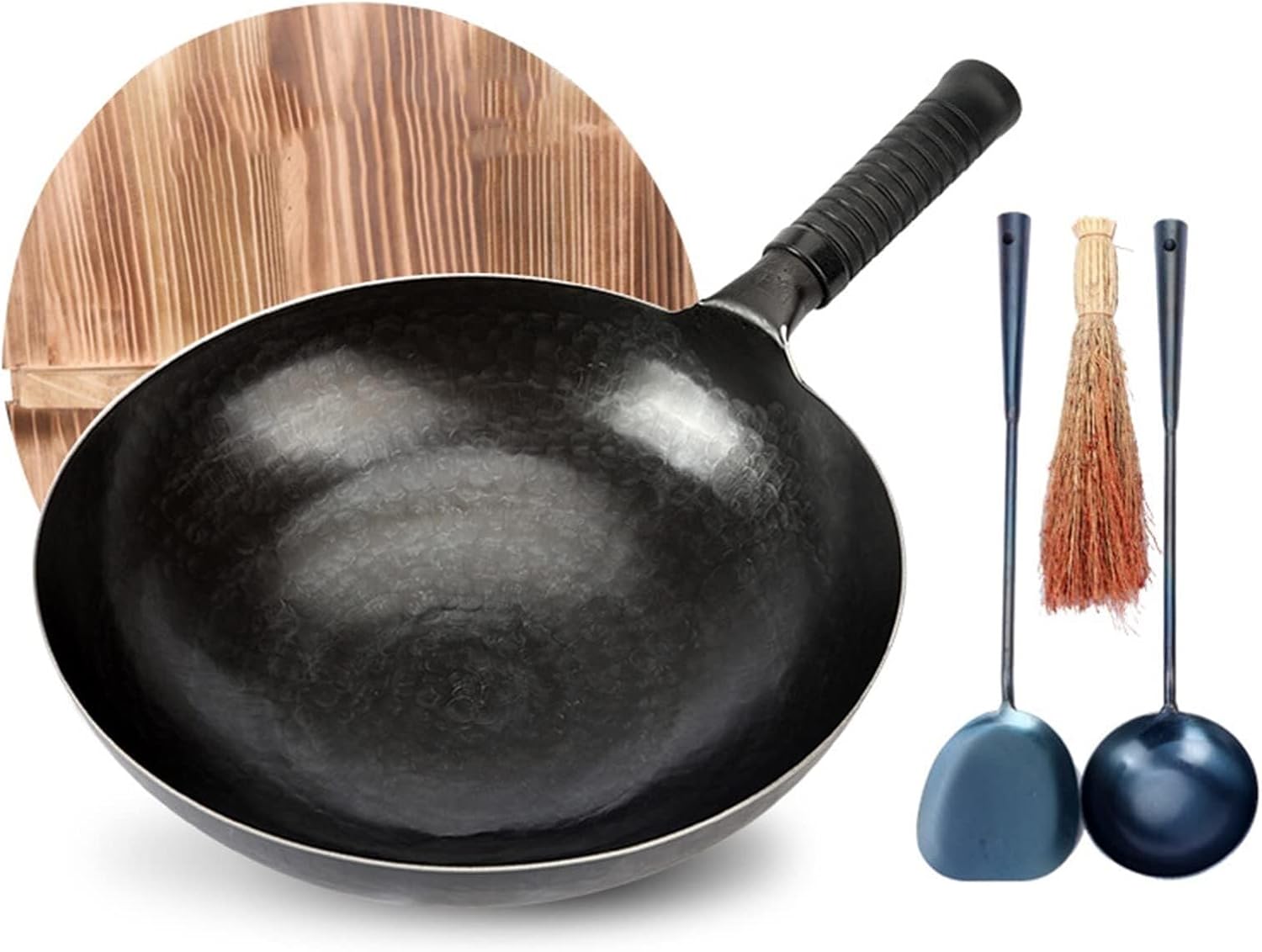 Chinese Hand Hammered Iron Woks, Non-Stick Pot Round Bottom Woks & Stir-Fry Pans Set with Wooden Lid & Cookwares for Both Indoor Outdoor Cooking