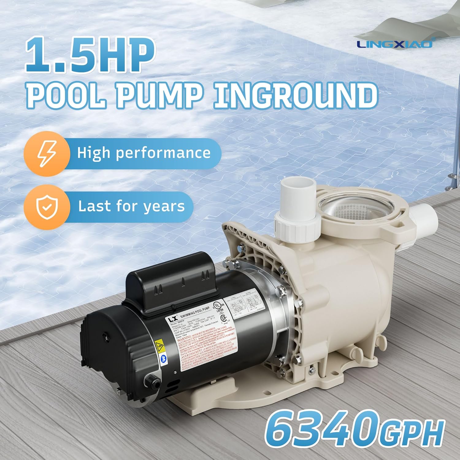 Single Speed Pool Pump 1.5HP, 115/208-230V, 6340GPH, In/Above Pool Pump, Low Nosie, High Flow, Powerful Self Primming Swimming Pool Pumps Inground with 2