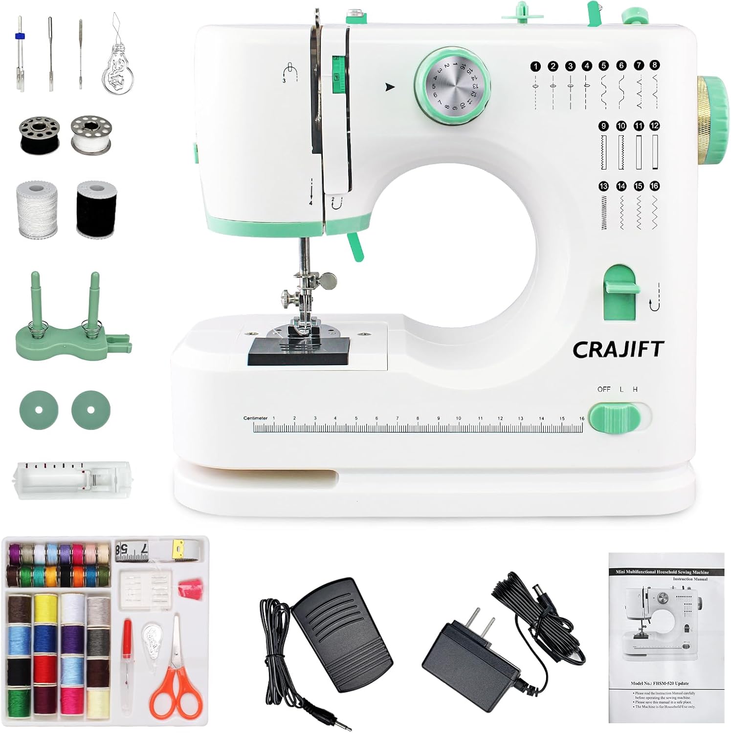 Sewing Machine for Beginners with 16 Built-in Stitches, Small Sewing Twin Needles Machine with Accessory Kit, Applications Lightweight Household Sewing Machine with Foot Pedal Light Storage Drawer Kit