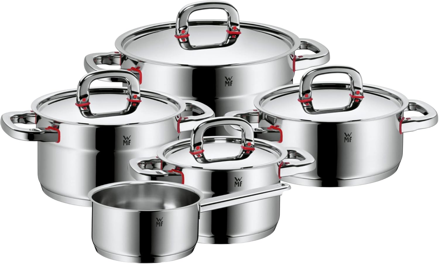 WMF Premium One 5-Piece Induction Cooking Pot Set with Metal Lid, Polished Cromargan Stainless Steel, Uncoated, Scale Inside