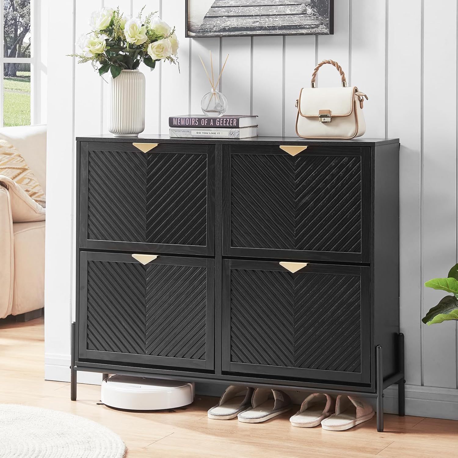 VIPLUMI Shoe Cabinet Storage with 4 Flip Drawers, Narrow Hidden Shoes Organizer Cabinet for Entryway, Freestanding Slim Shoe Rack Front Door Entrance(Black)