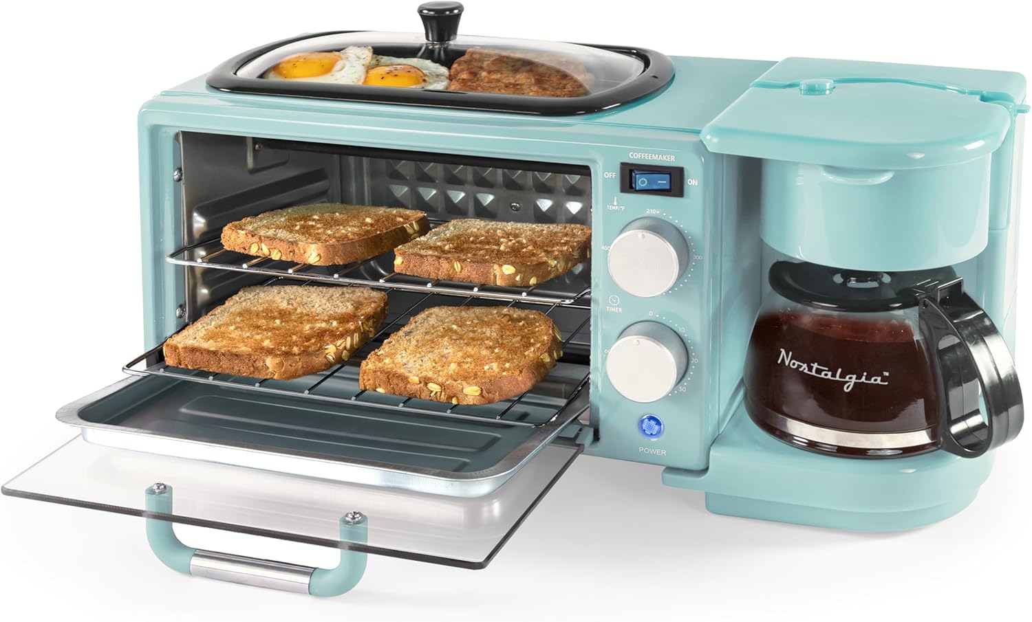 Nostalgia 3-in-1 Breakfast Station - Includes Coffee Maker, Non-Stick Griddle, and 4-Slice Toaster Oven - Versatile Breakfast Maker with Timer - Red