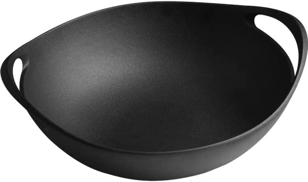 Frying Traditional Chinese Cast Iron Saucepan Stir-Fry Pan with Wooden Lid and Double Handle for Pan Cooking Braising and Frying-32Cm Pan