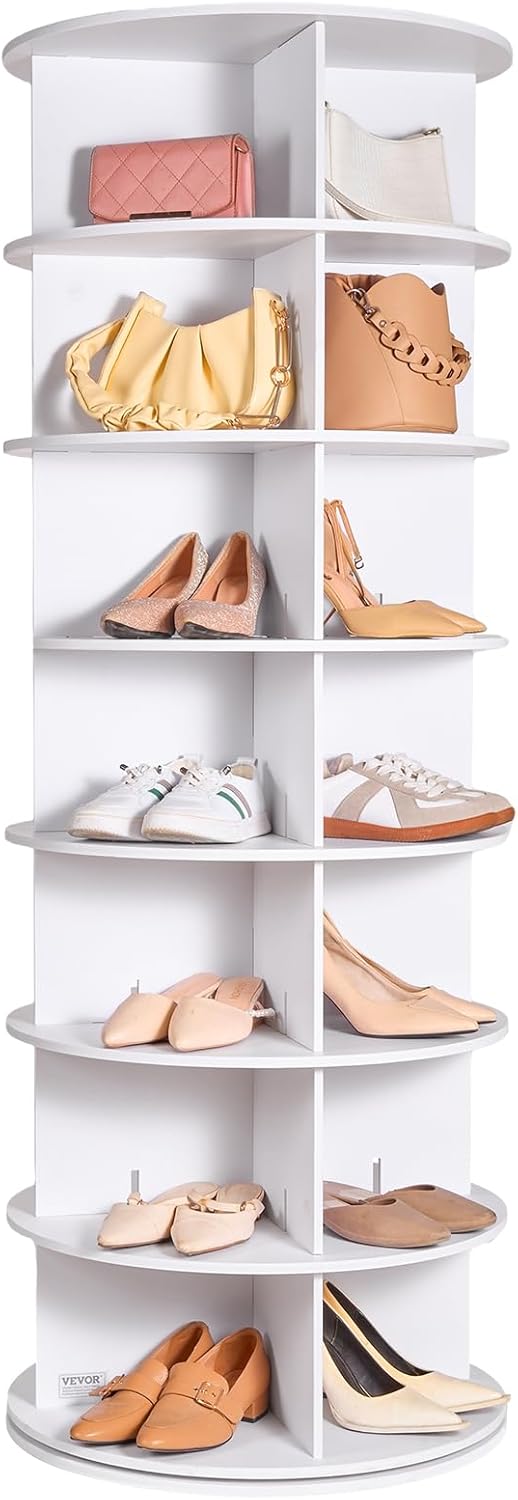 VEVOR 7 Tiers Rotating Shoe Rack Tower, 360°Spinning Shoe Display, Revolving Shoe Rack Storage Round Carousel, Lazy Susan Shoe Rack Organizer, Ideal for Bedroom, Living Room, Entryway, White