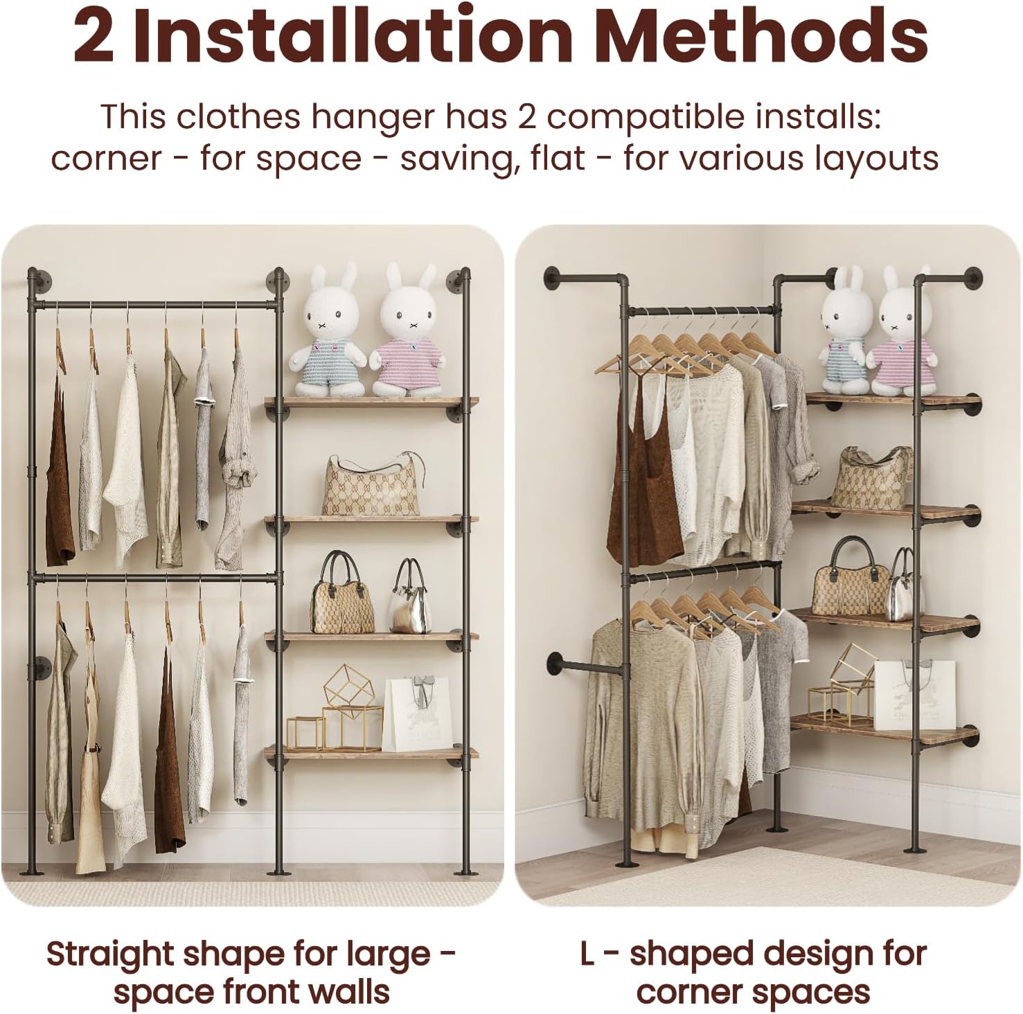 Industrial Pipe Clothing Rack, Heavy Duty Adjustable Garment Hanger with Shelves, 2 Installation Methods Closet Storage System for Wardrobe Organization (Black, 80