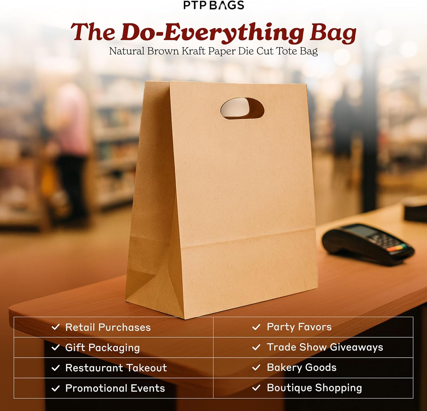 Natural Brown Kraft Paper Bags with Die Cut Handles - Recyclable Shopping Tote Bag for Retail, Gifts, Restaurant Takeout, Catering, Bakery, Small Business, Party Favors - 11