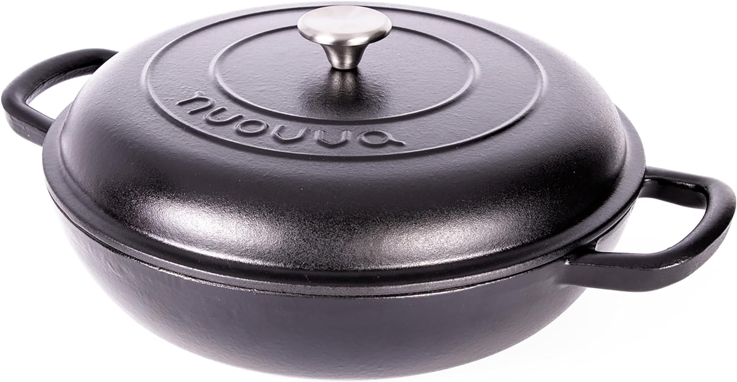 Shallow Cast Iron Casserole with Lid – Non Stick Dutch Oven Pot, Oven Safe up to 500° F – Sturdy Ovenproof Stockpot Cookware – Enamelled Cooking Pot – Red, 5-Quart, 32cm – by Nuovva