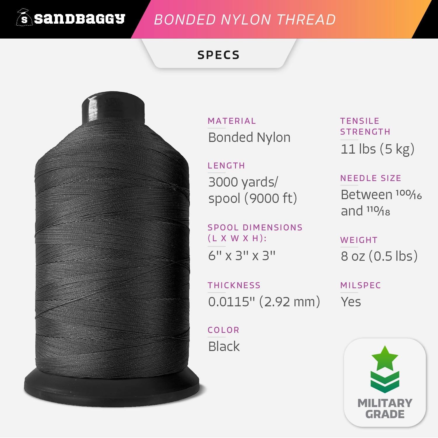 Sandbaggy Bonded Nylon Thread 69 (tex 70) - 3000 yd Spool - Hand Sewing Or Sewing Machine - Military Grade (milspec) - Heavy Duty Thread for Upholstery, Leather, Canvas, Coat, Shoes (4, Black)