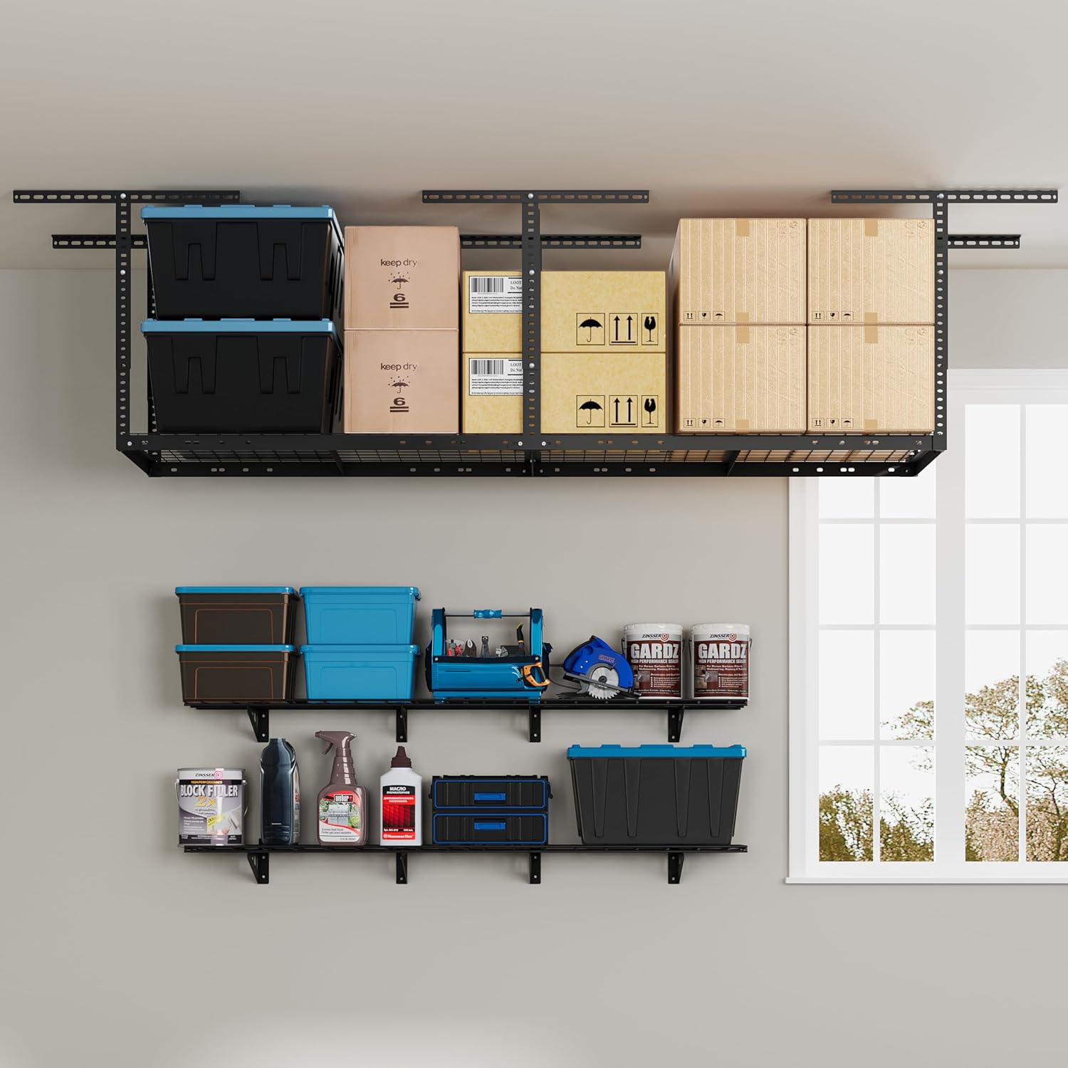 FLEXIMOUNTS 2x8 Overhead Garage Storage Adjustable Ceiling Storage Rack with 2-Pack 1x6ft 12-inch-by-72-inch Wall Shelf, 400lbs+600lbs Capacity,Black