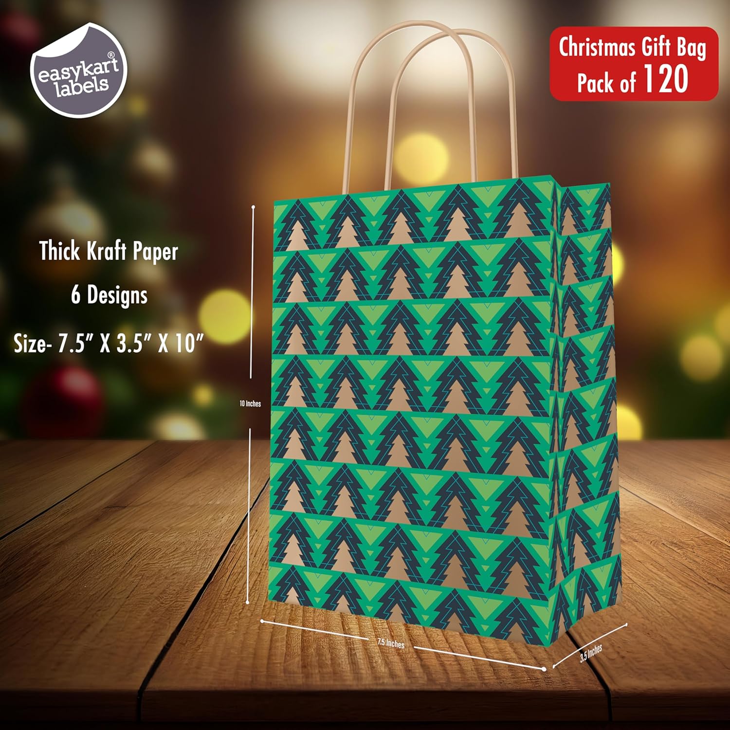 EasyKart Kraft Gift Bags - 120 Christmas Goody Bags, 6 Designs, Classroom & Party Favors (9 x 7.3 x 3.3)