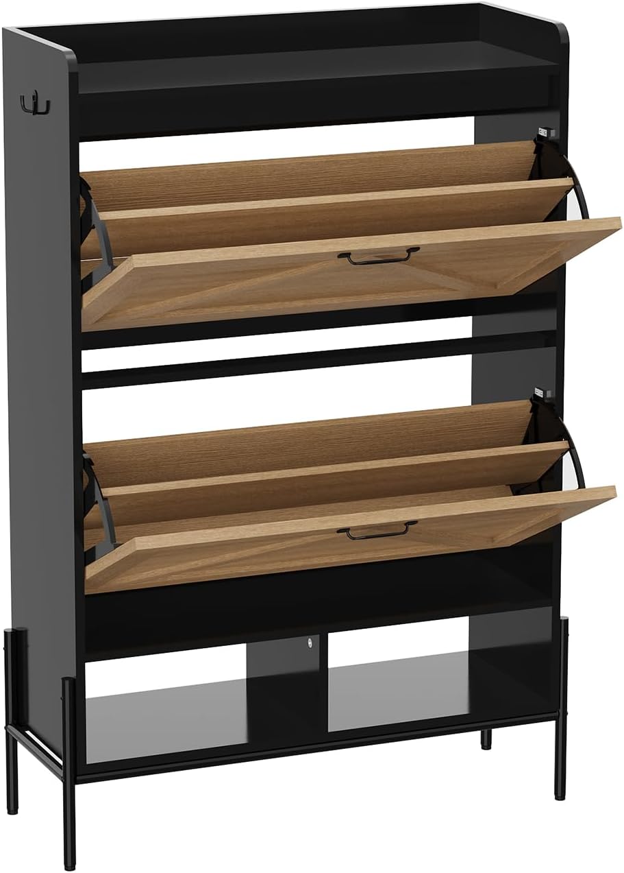 GarveeHome 2-Tier Flip Drawer Shoe Storage Cabinet, Slim Freestanding Shoe Organizer with Adjustable Dividers, Space-Saving Shoe Rack for Entryway, Hallway, or Living Room, Narrow Design