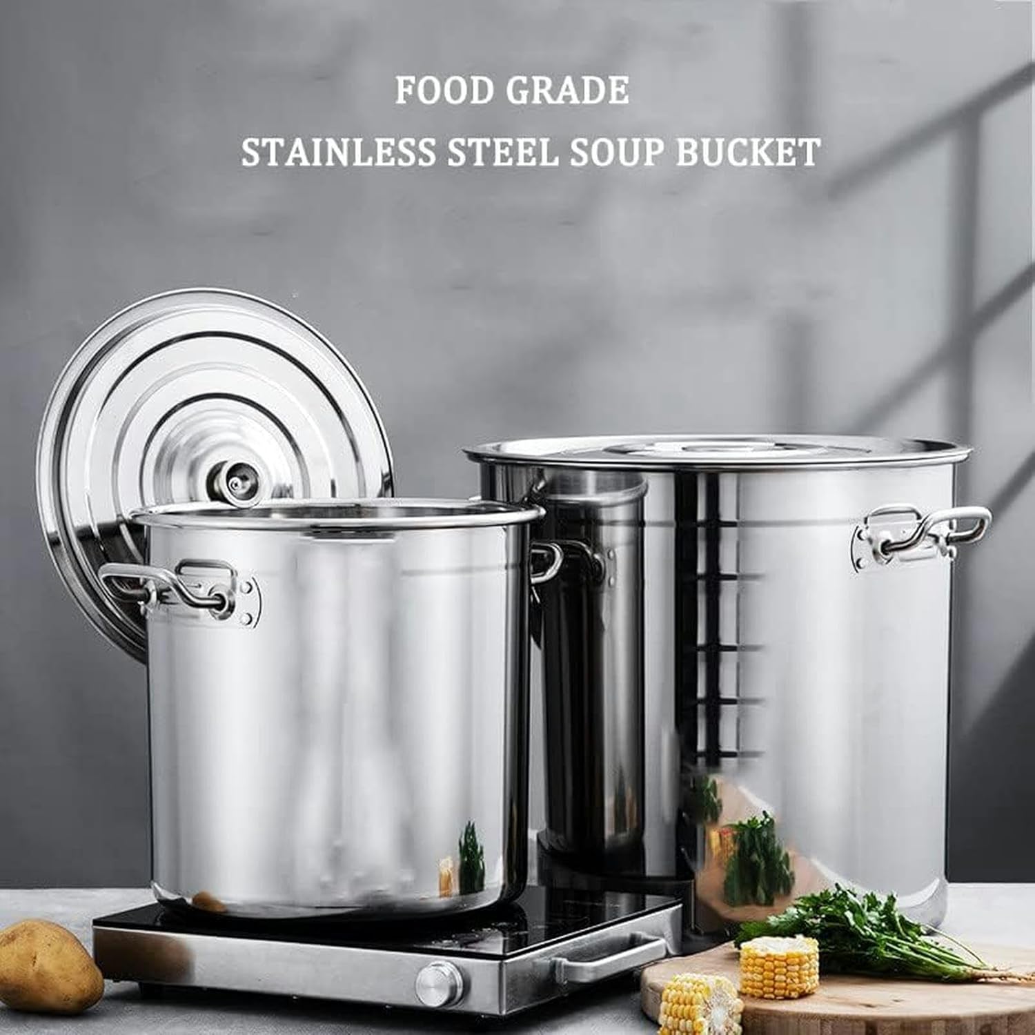Large Stainless Steel Stockpot with Strainer Basket and Lid 27Qt/45Qt/63Qt Heavy Duty Seafood Crab Boil Turkey Fryer Pot Versatile Pot for Lobster Shrimp Boiling,50L/45Qt(30L/27Qt)