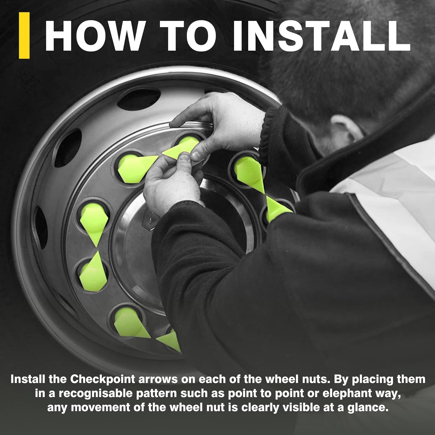 Checkpoint Wheel Nut Indicator Yellow 33 mm – Visual Indicator for Fleets, Industrial Trucks, Agricultural Vehicles, and Goods Transporters – Lug Nut Arrows Yellow 33 mm (Bag of 100 Pcs)