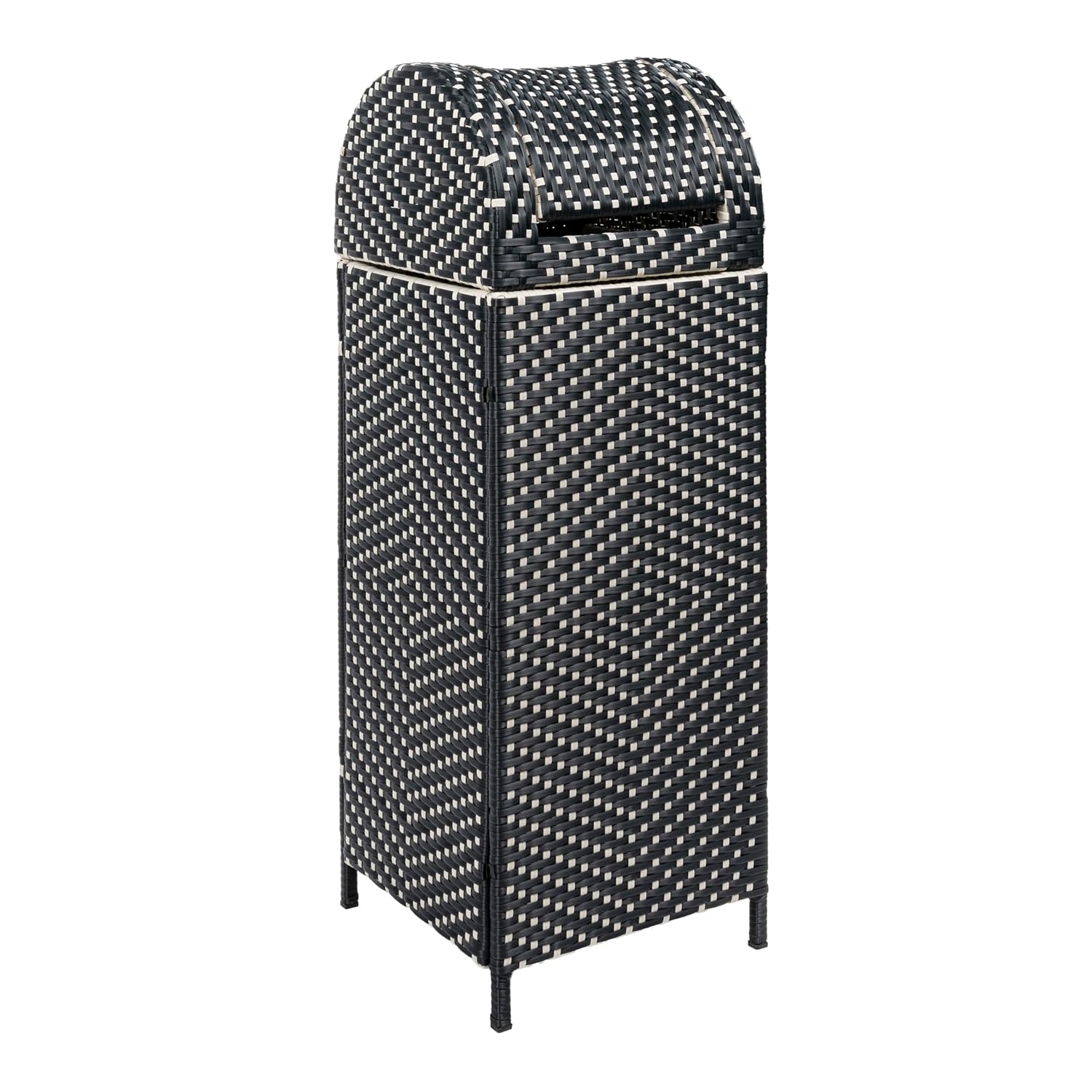 happimess HPM1202E Darla 31.39-Gallon All-Weather Wicker/Metal Swing Top Hideaway Outdoor Trash Can, Dark Navy/White, Classic, Coastal, Casual Wastebin for Backyard, Patio, Porch, Kitchen