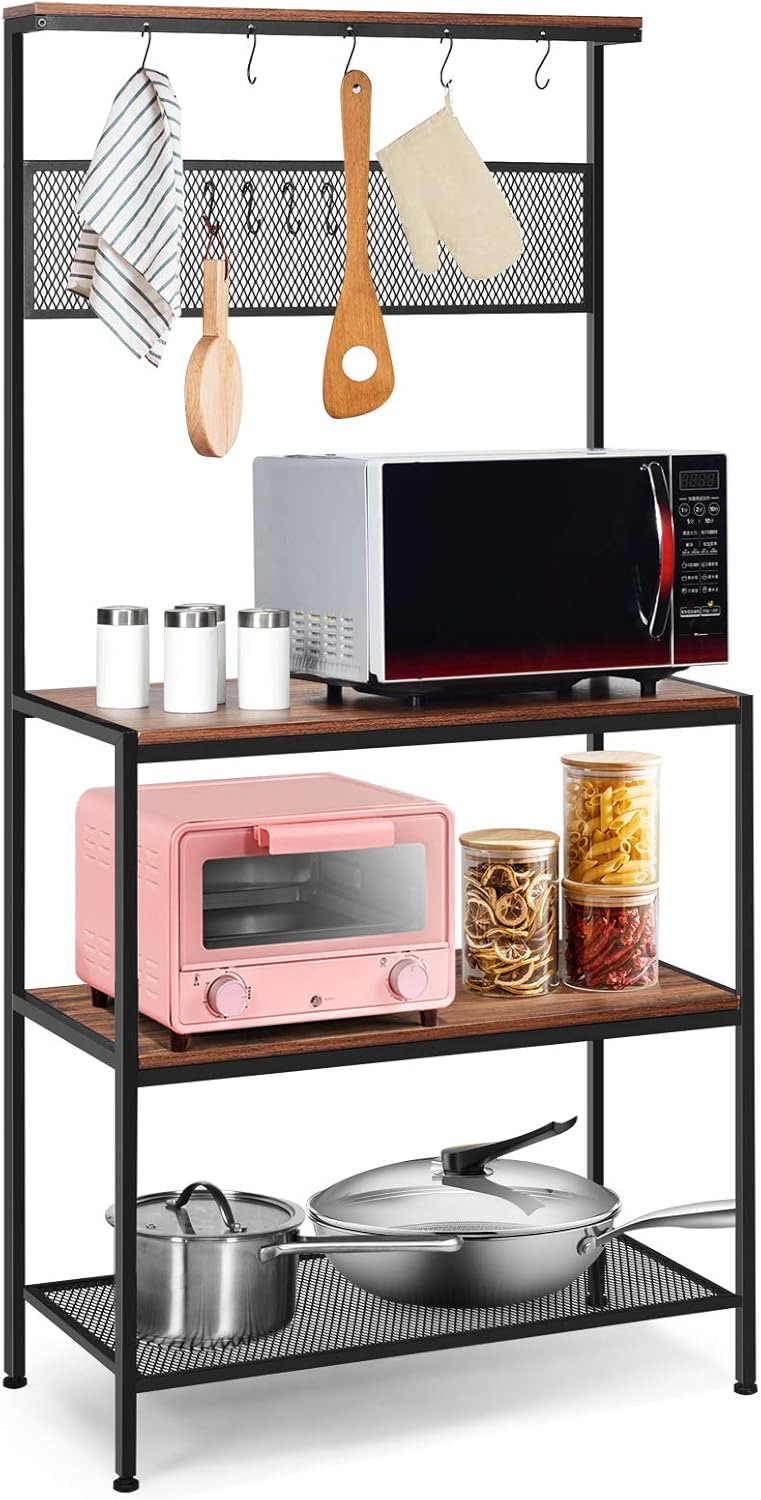 GOFLAME 4-Tier Kitchen Baker's Rack, Industrial Utility Storage Shelf with Mesh Panel, 11 S-Hooks and Adjustable Feet, Microwave Oven Stand for Pots, Pan, and Spices, Rustic Brown